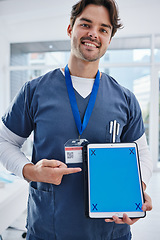 Image showing Tablet screen, portrait and happy man point at surgeon healthcare announcement, clinic notification or advertising service. UI mockup space, online tracking markers and male nurse with medical data