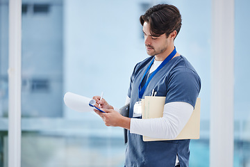 Image showing Hospital clipboard, doctor or man writing prescription, healthcare advice or clinic information. Wellness services, medical checklist or medicine expert, surgeon or nurse with list, notes or schedule