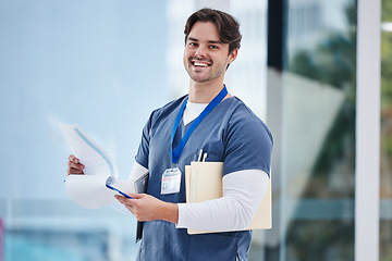 Image showing Hospital portrait, doctor and happy man with clipboard nursing results, healthcare data or clinic information. Smile, medical checklist or medicine expert, surgeon or nurse with health research notes