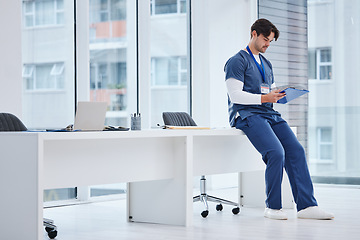 Image showing Medical clipboard, doctor and man reading results, healthcare records file or clinic compliance policy. Folder, hospital investigation and surgeon analysis of research portfolio, notes or health info