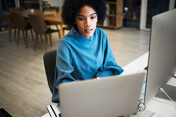 Image showing Computer, business woman and night with software developer and working in a office. Database, reading and web analysis of a female professional at a company with web design deadline for work website