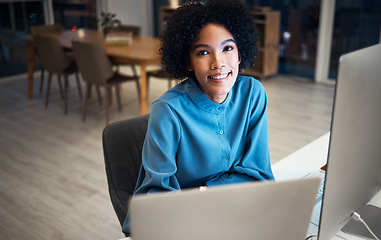 Image showing Portrait of woman with computer, research or schedule planner with overtime in human resources office administration. Smile, face girl at desk, receptionist or secretary at startup business at night.