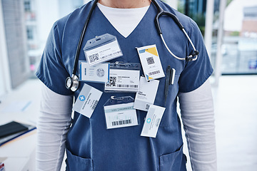 Image showing Hospital, doctor and man with name tag, healthcare and promotion with progress, surgeon and nurse. Zoom, person and medical professional with card, wellness and consultant with physician in a clinic