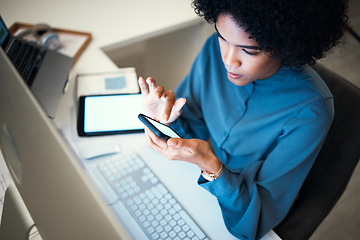 Image showing Phone, business woman and night with mobile networking and working in an office. Email, reading and web analysis of a female professional at a company with web design deadline for work website