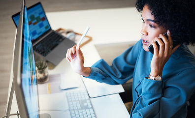 Image showing Computer, phone call communication and business woman consulting, talking and reading spreadsheet report data. Smartphone chat, conversation and professional person feedback on online sales numbers