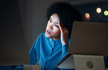 Image showing Headache, night and business woman tired of overtime, deadline and work pressure with burnout and with frustration. Corporate, evening and employee with stress working late on a company computer