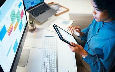 Image showing Woman with computer, notebook and schedule in office, agenda and reminder for office administration. Online calendar, charts and girl at desk planning spreadsheet for time management with high angle.