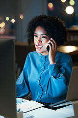 Image showing Woman at desk, phone call and computer for schedule, agenda and reminder for admin at night. Communication, smartphone and girl planning productivity for time management in dark office at startup.