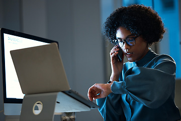 Image showing Time check, phone call and business woman consulting, talking and look at smart watch, clock or schedule. Wristwatch, speaking and corporate person working overtime, late night and talk on cellphone