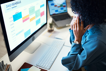 Image showing Woman with computer, phone call and schedule in office for agenda, reminder and office administration. Online calendar, diary and cellphone, girl at desk planning spreadsheet for time management.