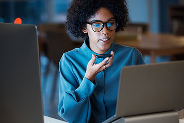 Image showing Speaker phone call, laptop and business woman consulting, talking on voice note or report online web data. Audio recording, speech to text and professional consultant discussion on cellphone feedback