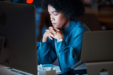 Image showing Business woman, tired and stress in night by computer for deadline, proposal or finance report in modern office. Accountant, fatigue and burnout with pc, crisis or problem solving in dark workplace