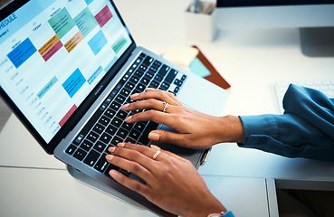 Image showing Hands of woman on laptop, typing spreadsheet or schedule, agenda and reminder in office administration. Online calendar, diary and chart, girl at desk planning software for time management at startup