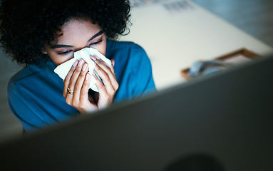 Image showing Business, night and woman with a sneeze, sick and illness with burnout, stress and overworked. Person, consultant and employee with a computer, virus and disease with tissue, allergies and fatigue