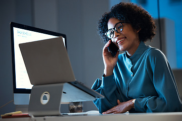 Image showing Laptop, phone call discussion and professional happy woman consulting on report data, web or metrics. Cellphone, consultation and night person review, negotiation and advice ecommerce service