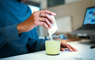 Image showing Medicine, water and hand with effervescent in office for wellness, health and vitamins at desk. Healthcare, corporate and person or worker with powder in glass for supplement, medical drink relief