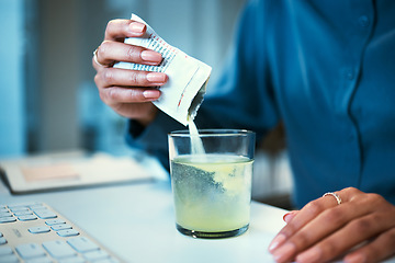 Image showing Medicine, water and business person with effervescent in office for wellness, health drink and vitamins. Healthcare, corporate and hands of worker with powder, supplement and medical relief in glass