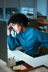 Image showing Back pain, night and business woman with headache tired of overtime, deadline and work pressure with burnout and strain. Corporate, evening and employee with stress working late in a company