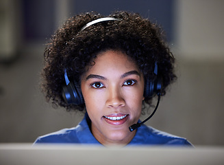 Image showing Night, call center portrait or business woman for customer care outsourcing, lead generation and help desk service. Telemarketing face, contact us or bank consultant communication for ecommerce sales