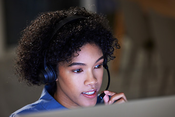 Image showing Computer, customer service headset and business woman consulting, talking and reading callcenter report, info or loan advice. Tech support face, night chat and agent telemarketing on web sales pitch