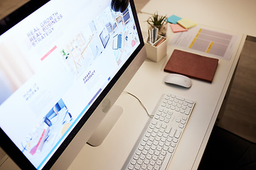 Image showing Website, planning and a computer screen in an office, table or workspace connection. Strategy, business and a desktop pc at a desk for company information, web design or online graphic creativity