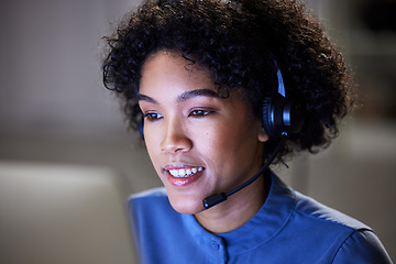 Image showing Computer, customer support face and business woman communication, contact center and reading bank account info. Loan advisory, night services and insurance agent telemarketing on online sales pitch