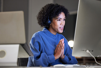 Image showing Computer video call, customer support and professional woman consulting on telemarketing online conference. Virtual meeting consultation, pray or night agent hope with thank you gesture on webinar