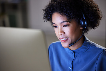 Image showing Computer, customer care face and professional woman communication, contact center and reading lead generation info. Loan advisory, night callcenter and help desk person review CRM telecom services
