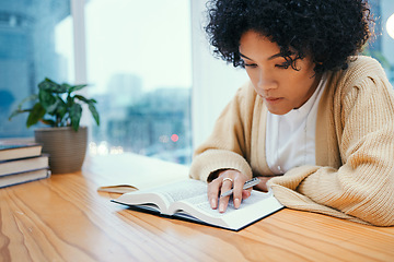 Image showing Bible, notes and woman reading book at desk in home, Christian faith and knowledge of God for religion. Study, notebook and girl at table with holy worship, learning gospel for inspiration and prayer