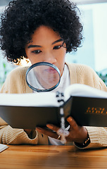 Image showing Bible, magnifying glass and woman search with investigation, religion research and Christian study. Book, learning and information in home with cross, story analysis and lens for spiritual knowledge