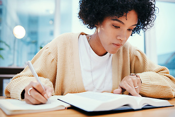 Image showing Bible, study and writing, woman with notes on religion at desk in home, Christian faith and knowledge of God. Reading, hope and girl at table with holy book, learning gospel inspiration and prayer.