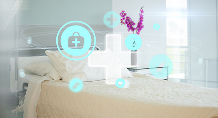 Image showing Healthcare network, graphic and a hospital bed in a ward for future of a medical agency. Connection, digital and a clinic bedroom with insurance, medicine and room for an emergency or nursing