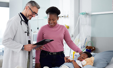 Image showing Document, doctor or child with mother in hospital bed for results, insurance or healthcare history. Kid, report or mature pediatrician with prescription or checklist for a happy mom or black woman