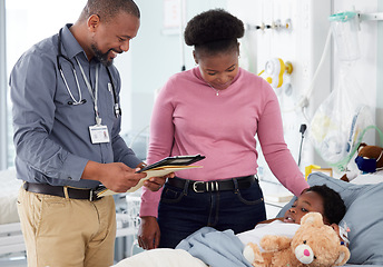 Image showing Results, pediatrician or mother by child in hospital bed for good news, report or healthcare insurance. African kid, paper or doctor with prescription, document or checklist for a mom or black woman