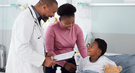 Image showing Results, doctor or child with mother in hospital bed for good news, report or healthcare insurance. Kid, paper or African pediatrician with prescription or checklist for a happy mom or black woman