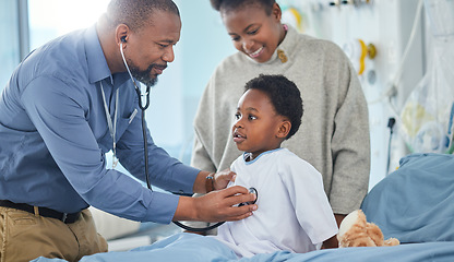 Image showing Pediatrician, mother or child breathing in hospital for medical help, insurance exam or lungs test. Heart beat, stethoscope or doctor listening to kid patient, parent or African mom for wellness