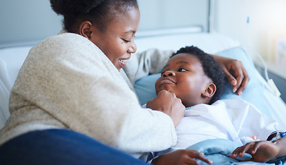 Image showing Hospital, bed and black woman with care for child, wellness and hug with a smile in bedroom. Sick, kid and mother embrace with love and gratitude for health, healing and happy for medicine in clinic