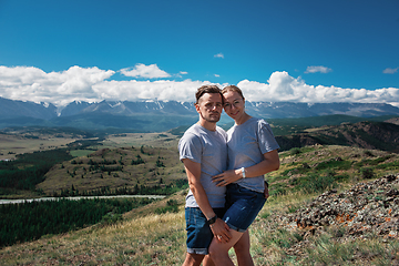 Image showing Loving couple together on mountain