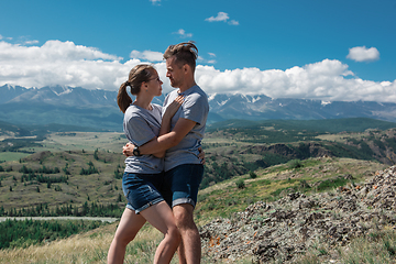 Image showing Loving couple together on mountain