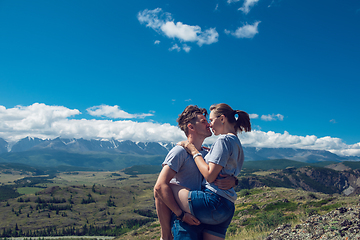 Image showing Loving couple together on mountain