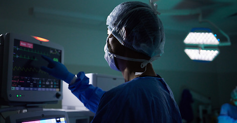 Image showing Back, medical and monitor with a doctor in theater for surgery or a healthcare procedure at the hospital. Medicine, technology and equipment with a professional surgeon in a clinic for an operation