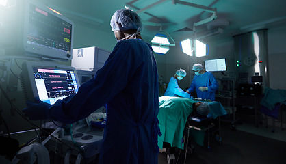 Image showing Back, medicine and monitor with a doctor in theater for surgery or a healthcare procedure at the hospital. Medical, technology and equipment with a professional surgeon in a clinic for an operation