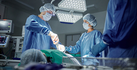 Image showing Teamwork, medical and doctors working on a surgery for healthcare treatment in a theatre room. Collaboration, career and professional surgeons doing an operation on a patient in a hospital or clinic.