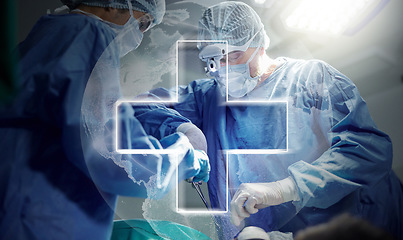 Image showing Surgery, people and global plus sign overlay for ICU emergency, wound healing service or clinic operation support. Dark room theatre team, worldwide healthcare icon or surgeon teamwork on saving life