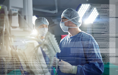 Image showing Surgery, team and overlay or talk operation in hospital theater, confident or patient healthcare. Male person, help and professional research for anatomy information, neurology text or medical doctor