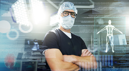 Image showing Man, surgeon and portrait or futuristic medicine, healthcare overlay or body anatomy. Medical professional, face mask and confident or technology help hologram for operation, innovation or digital 3d