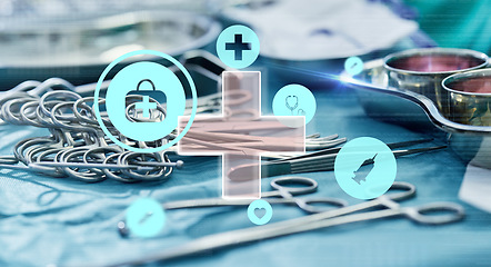 Image showing Healthcare, hologram and icons on medical equipment in hospital, medicare and kit for surgery. Close up, innovation and overlay on tools, medicine and instrument in theater, insurance and futuristic