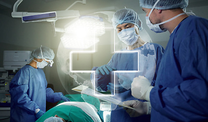 Image showing Surgery overlay, doctors and discussion on folder, hospital emergency and review patient records for medical healing service. Dark operating room, teamwork and surgeon with world healthcare plus sign