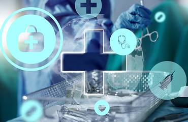 Image showing Hologram, closeup and icons with healthcare, tools and futuristic with doctor, hospital and employee. Zoom, person or medical professional with medicare equipment, surgery or holographic in a clinic
