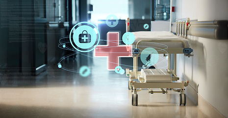 Image showing Healthcare, hologram and medical icon in a hospital after work, ready for an emergency or accident. Medicine, symbol or sign overlay and service with a bed in the empty hallway of a health clinic